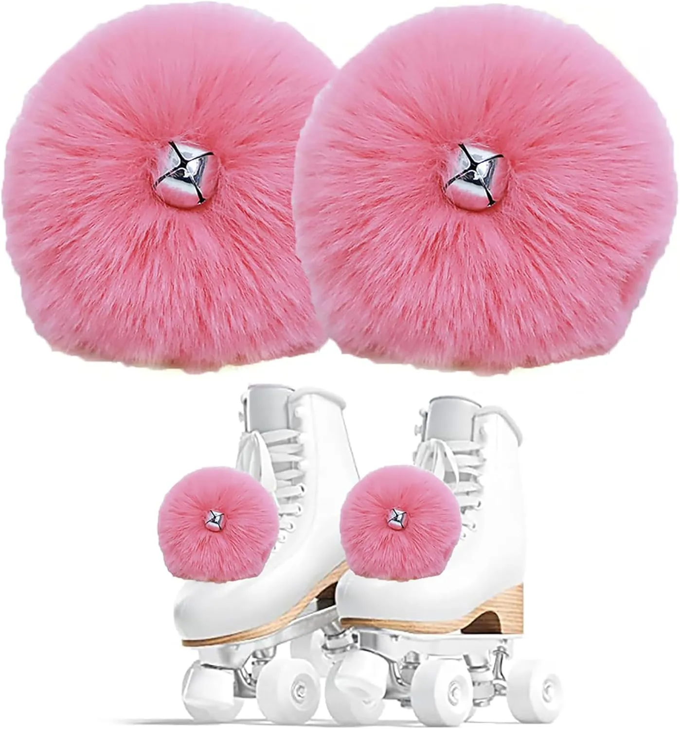2 Pairs Roller Skate Pom Poms with Bells - Fluffy Shoe Lace Charms for Kids Girls, Non-Drop Skate Accessories