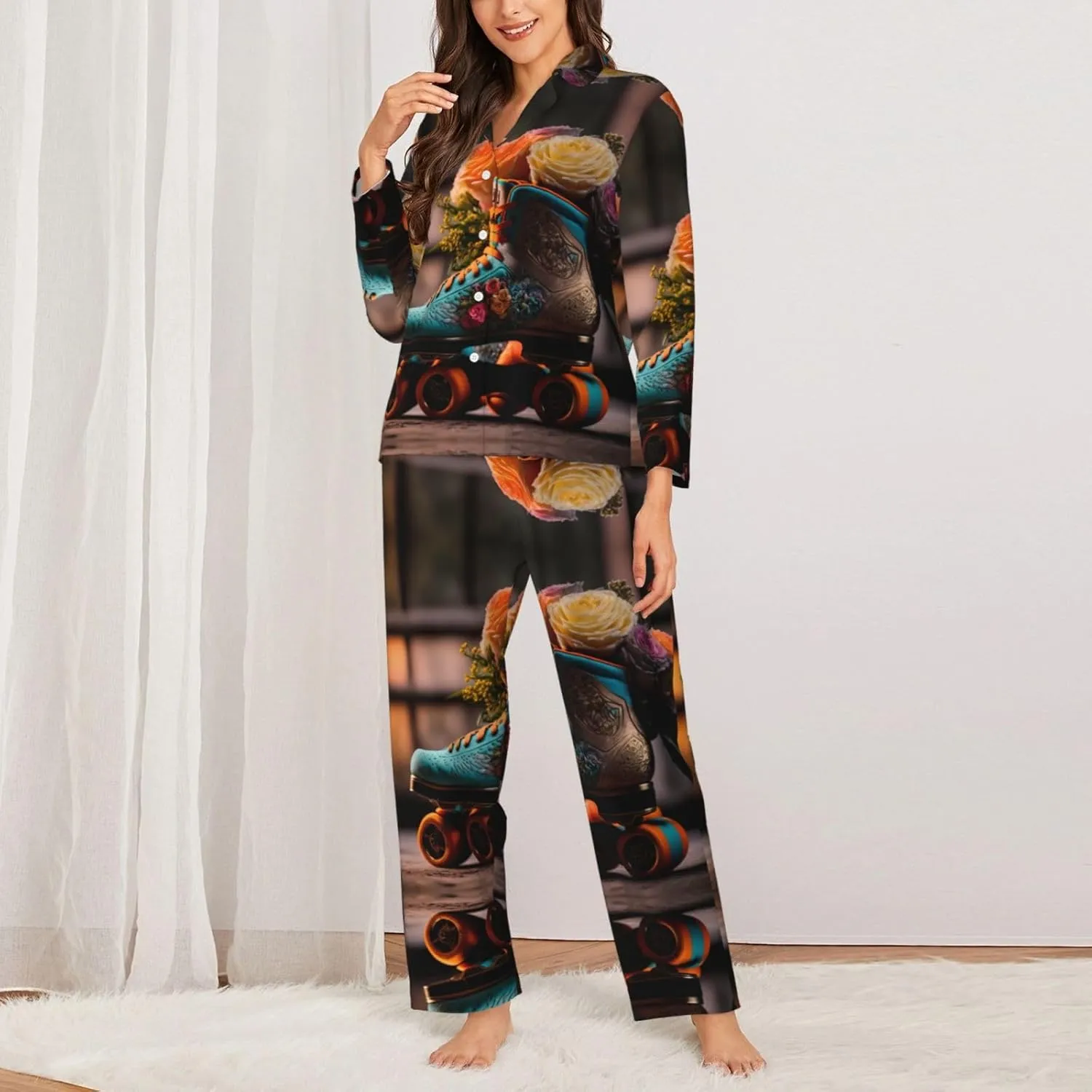 2 Piece Womens Pajama Sets, Classic Floral Blue Skate Shoes Comfy Pajamas Long Pj Lounge Sets Sleepwear with Pockets