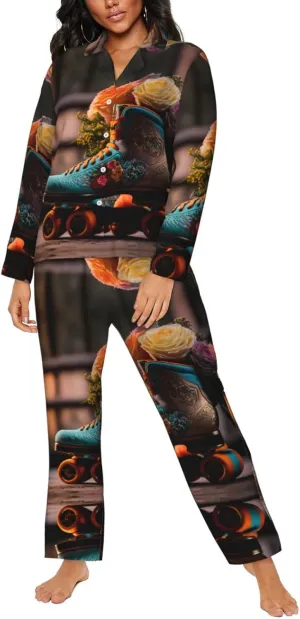 2 Piece Womens Pajama Sets, Classic Floral Blue Skate Shoes Comfy Pajamas Long Pj Lounge Sets Sleepwear with Pockets
