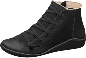 AMDBEL Western Boots Women Short, Cowgirl Boots Pink, Winter Boots For Women Women Winter Leather Lace Up Side Zipper Round Toe Cowboy Booties Fall Flat Short Shoes Boots