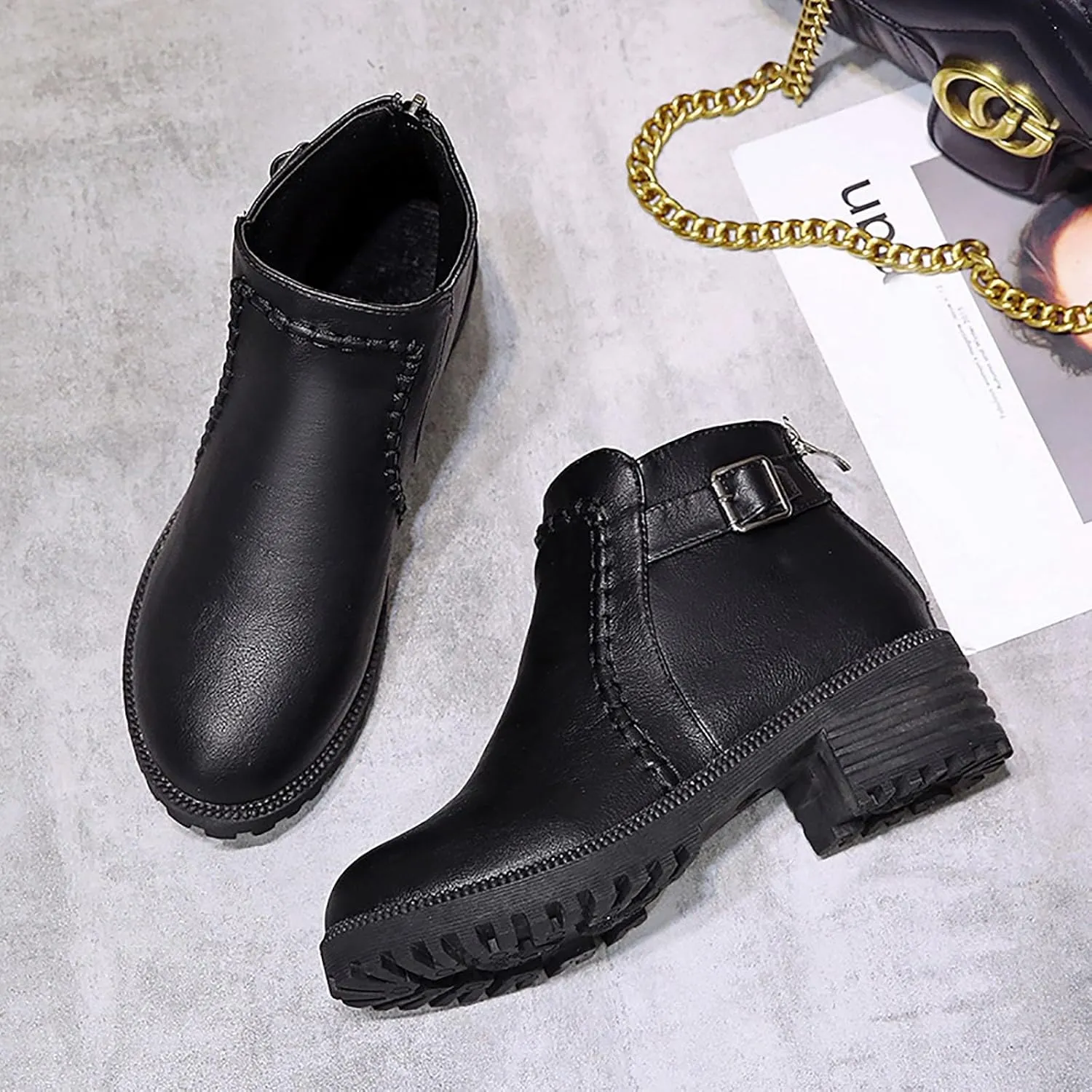 Ankle Boots for Women Comfy Winter Women's Low Heel Shoes Short Boots Round Toe Mid Heel Belt Buckle Women's Boots