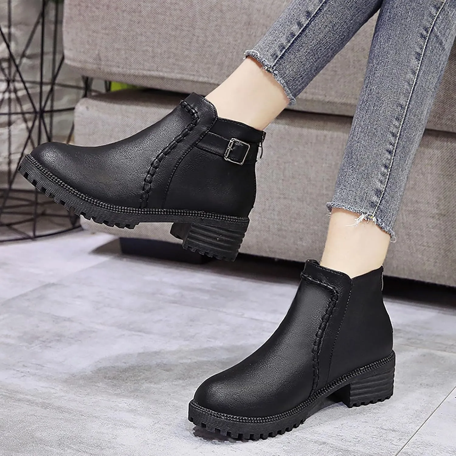 Ankle Boots for Women Comfy Winter Women's Low Heel Shoes Short Boots Round Toe Mid Heel Belt Buckle Women's Boots
