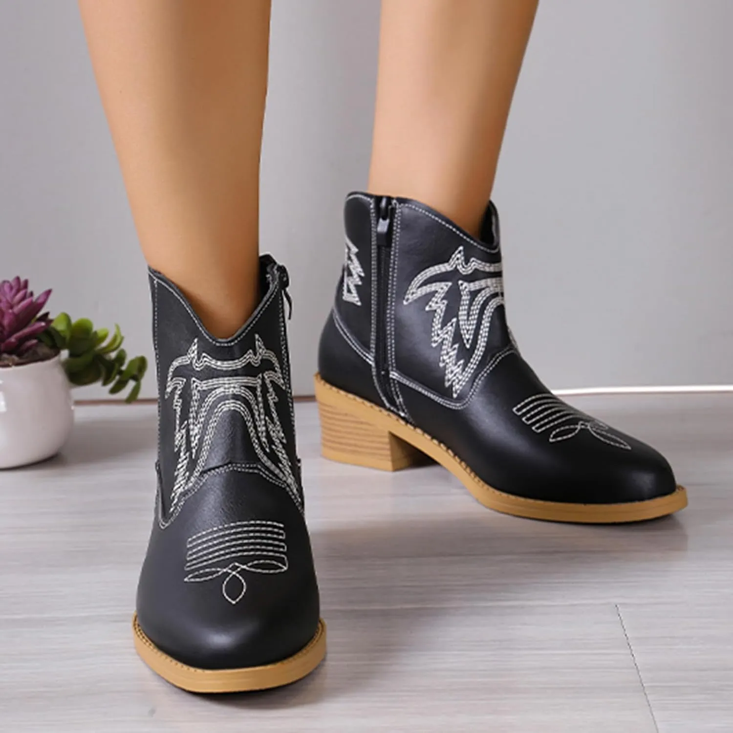 Ankle Boots for Women Dressy Chunky Heel Boots for Women Western Chunky Heel Pointed Toe Slip on Women Cowboy Boots