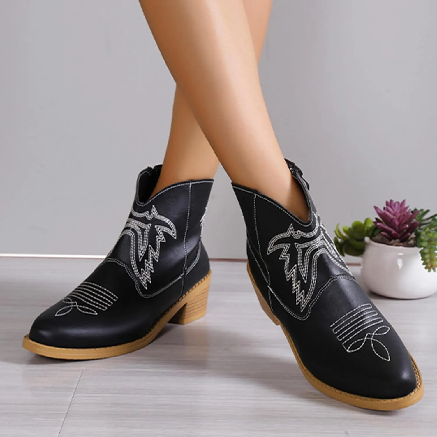 Ankle Boots for Women Dressy Chunky Heel Boots for Women Western Chunky Heel Pointed Toe Slip on Women Cowboy Boots