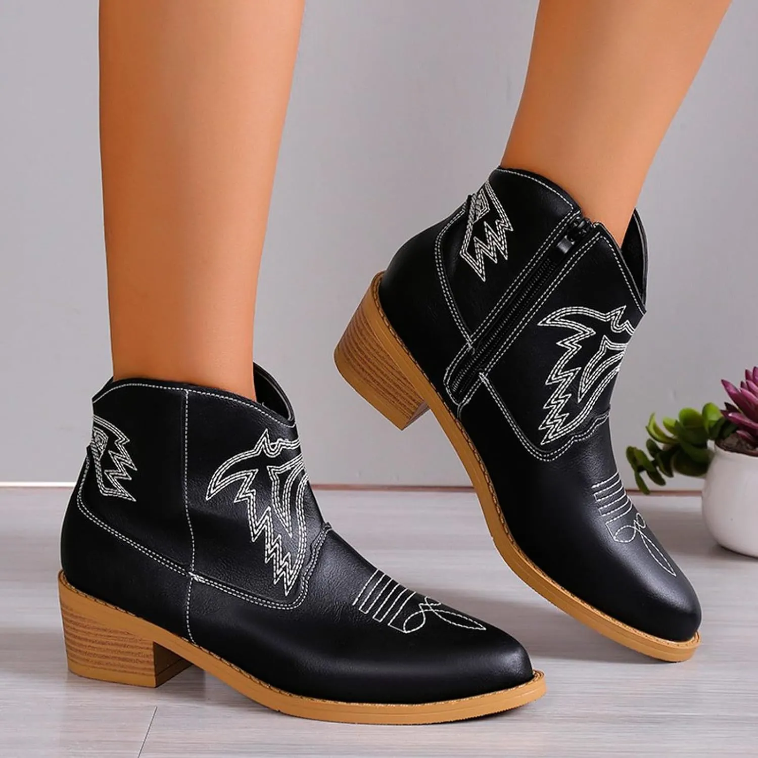 Ankle Boots for Women Dressy Chunky Heel Boots for Women Western Chunky Heel Pointed Toe Slip on Women Cowboy Boots
