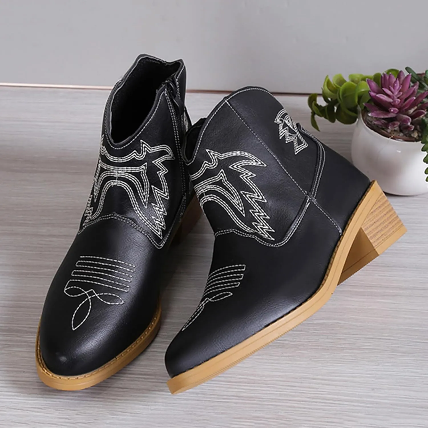 Ankle Boots for Women Dressy Chunky Heel Boots for Women Western Chunky Heel Pointed Toe Slip on Women Cowboy Boots