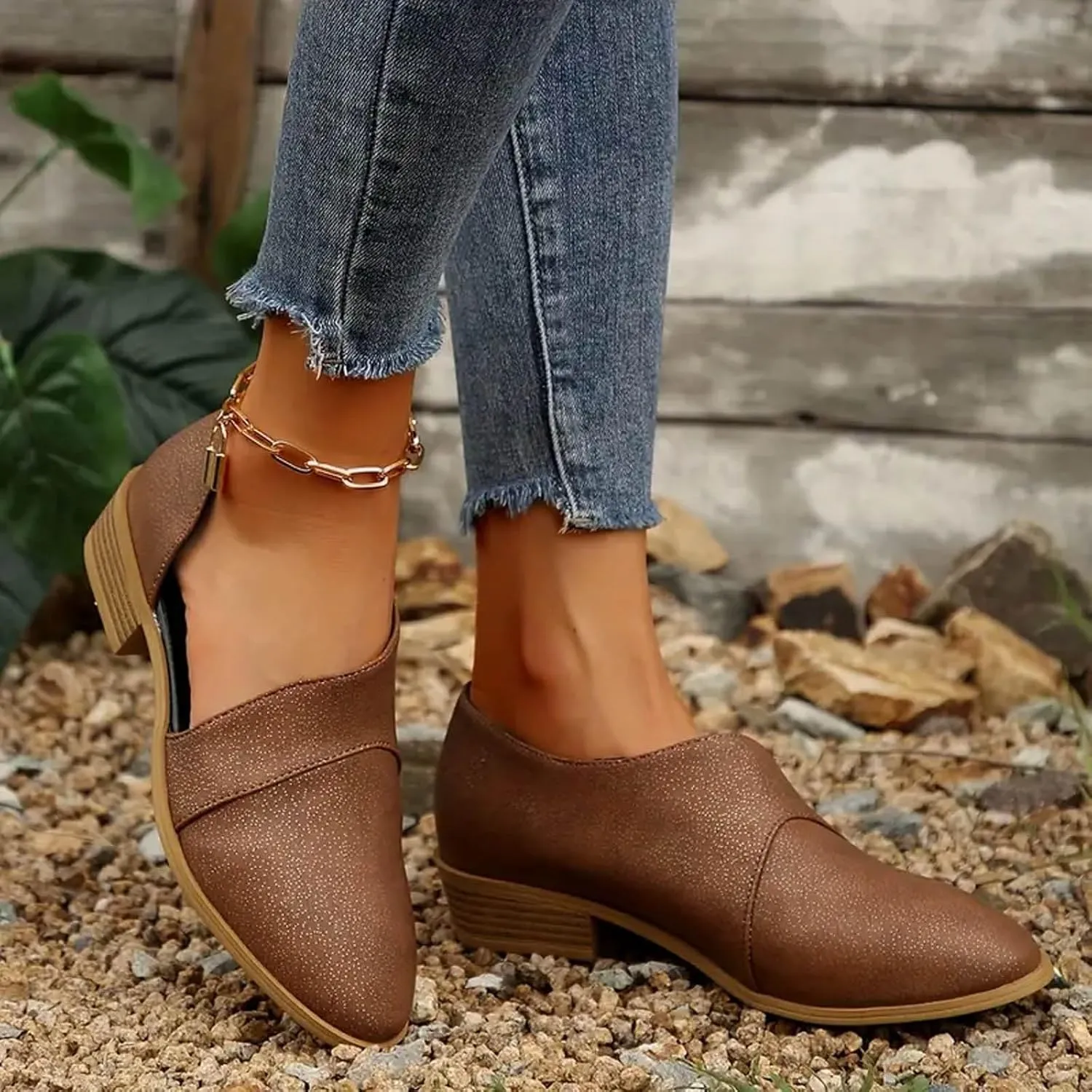 Ankle Boots for Women, Women Fashion Pointed Side Hollowed Out Low Heel Deep Cut Pointed Boots Slip On Low Ankle Boots
