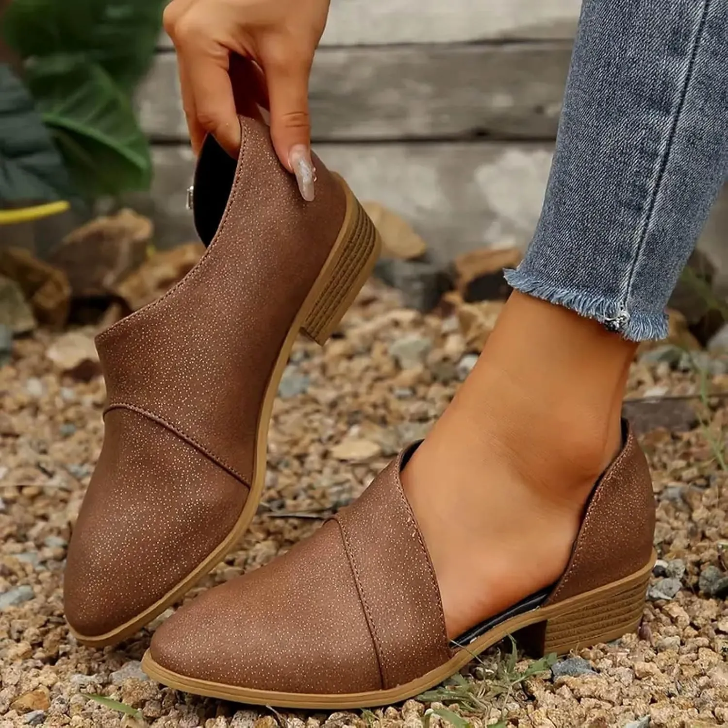 Ankle Boots for Women, Women Fashion Pointed Side Hollowed Out Low Heel Deep Cut Pointed Boots Slip On Low Ankle Boots