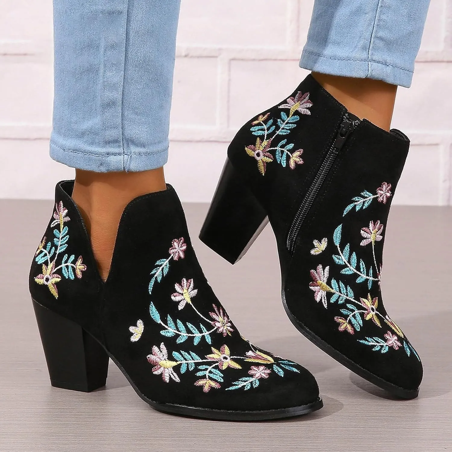 Ankle Boots for Women Women's Suede Ankle Booties Low Heel Fashion Flower Embroidery Boots Black Brown Beige US5-11