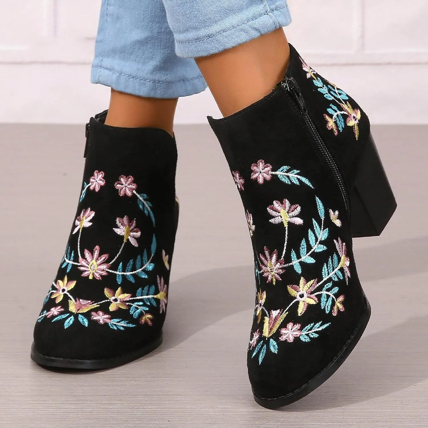Ankle Boots for Women Women's Suede Ankle Booties Low Heel Fashion Flower Embroidery Boots Black Brown Beige US5-11