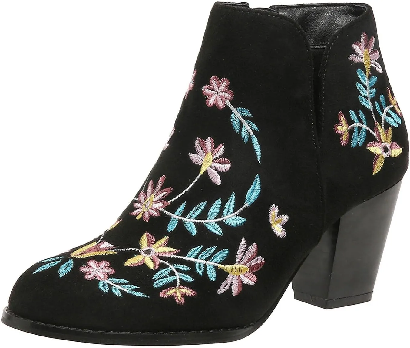 Ankle Boots for Women Women's Suede Ankle Booties Low Heel Fashion Flower Embroidery Boots Black Brown Beige US5-11
