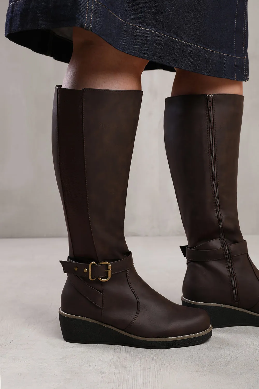 AYLEEN WIDE CALF WEDGE HEEL KNEE HIGH BOOTS WITH ELASTIC PANEL IN WIDE E FIT IN BROWN FAUX LEATHER