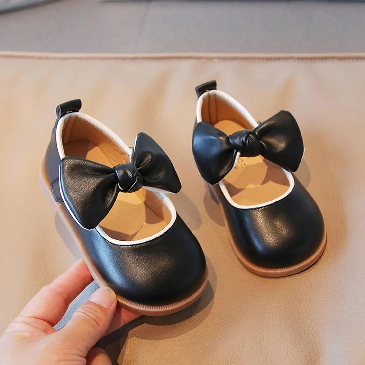 Baby Girl Dress Shoes Mary Jane Bow Flat Party School Wedding Ballerina Low Heel Princess Hook and Loop Flat