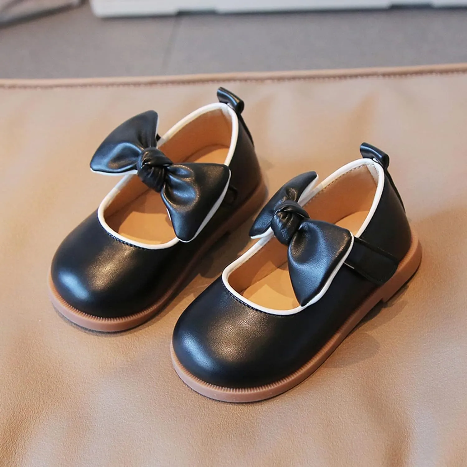 Baby Girl Dress Shoes Mary Jane Bow Flat Party School Wedding Ballerina Low Heel Princess Hook and Loop Flat
