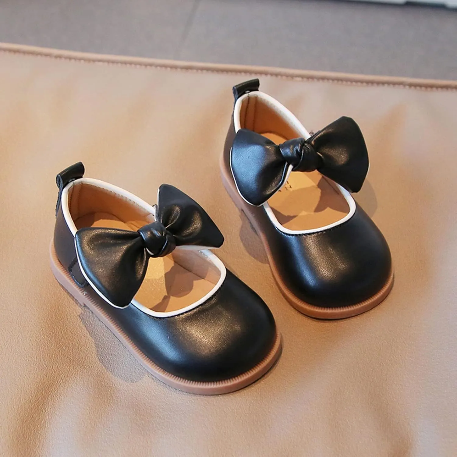 Baby Girl Dress Shoes Mary Jane Bow Flat Party School Wedding Ballerina Low Heel Princess Hook and Loop Flat