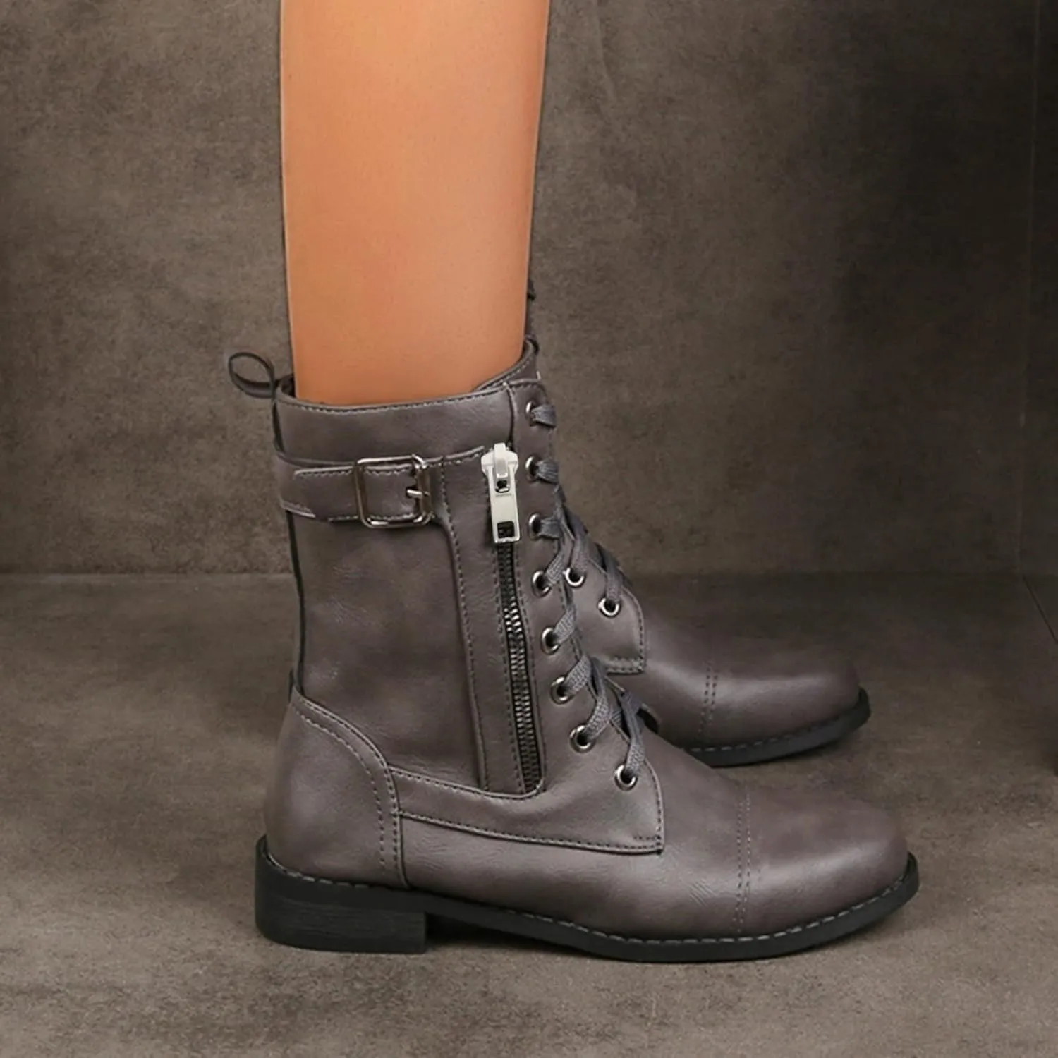 Black Combat Boots Women Boots for Women Combat Ankle Boots for Women Mid-Calf Side Zipper Motorcycle Work Boots