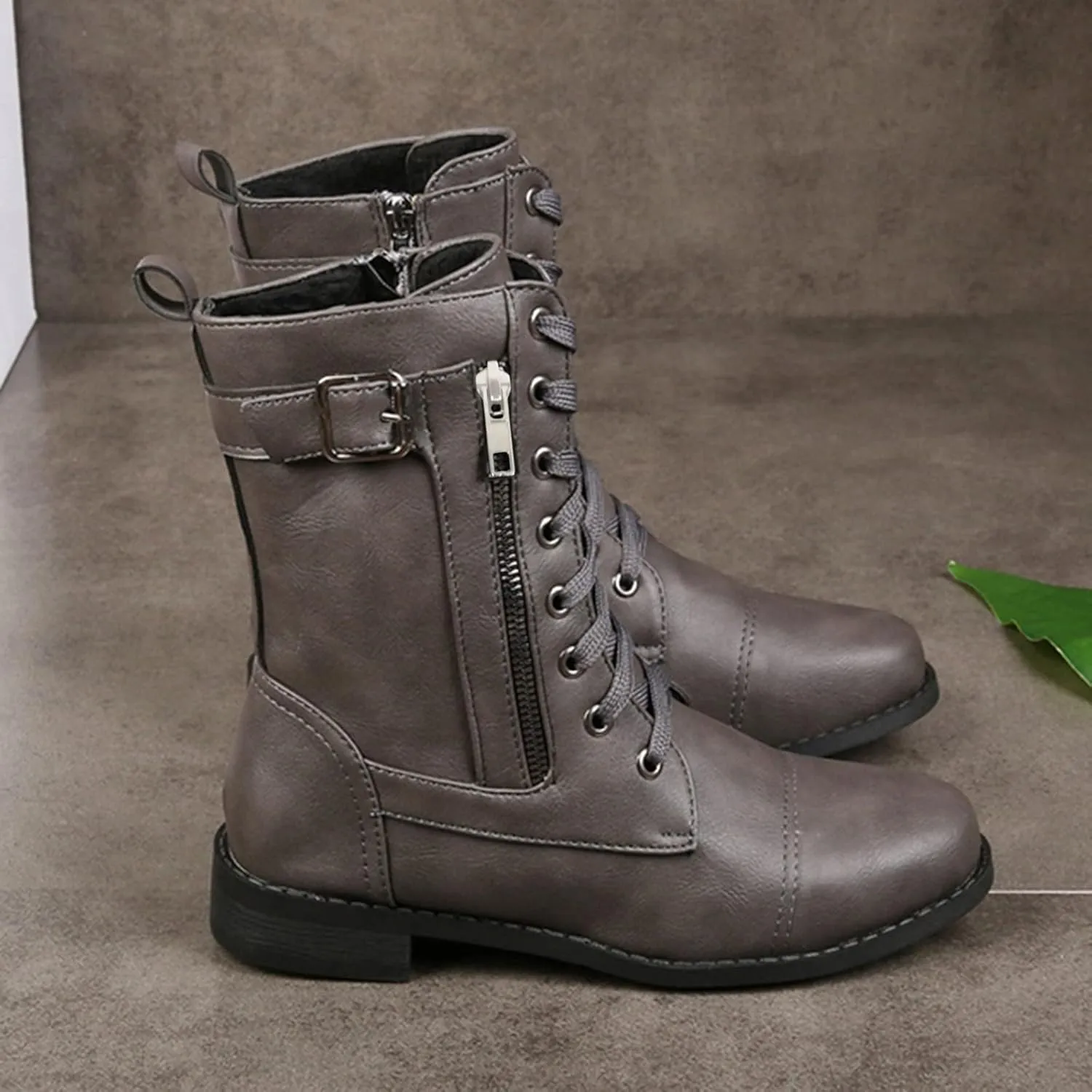 Black Combat Boots Women Boots for Women Combat Ankle Boots for Women Mid-Calf Side Zipper Motorcycle Work Boots