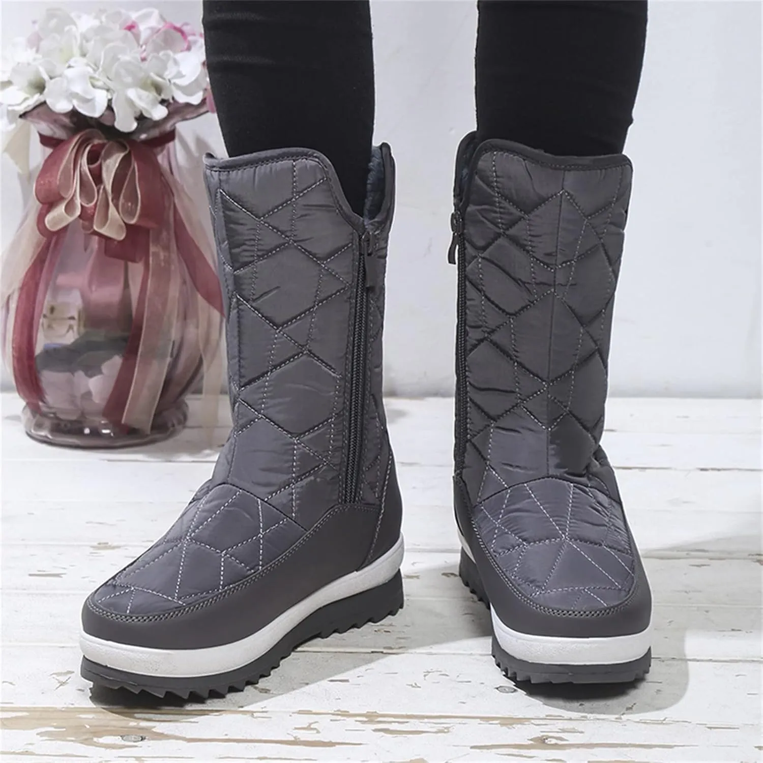 Black Snow Boots for Women Knee High Womens Knee High Winter Boots Leather Wide Calf Waterproof Snow Boots Women White Women Mid Calf Flat Leather Winter Boots Snow Boots for Extra Wide Feet