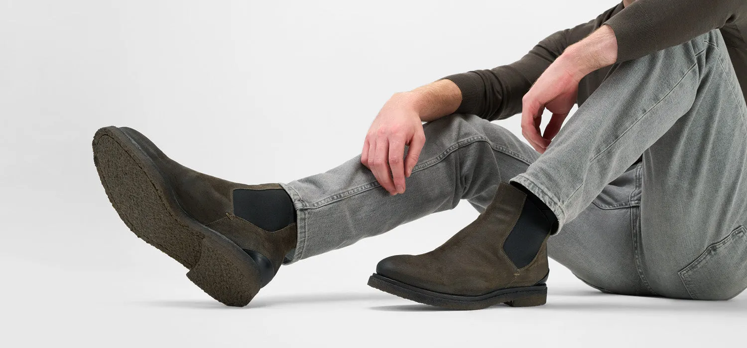 BROMPTON dark-moss suede chelsea boots.