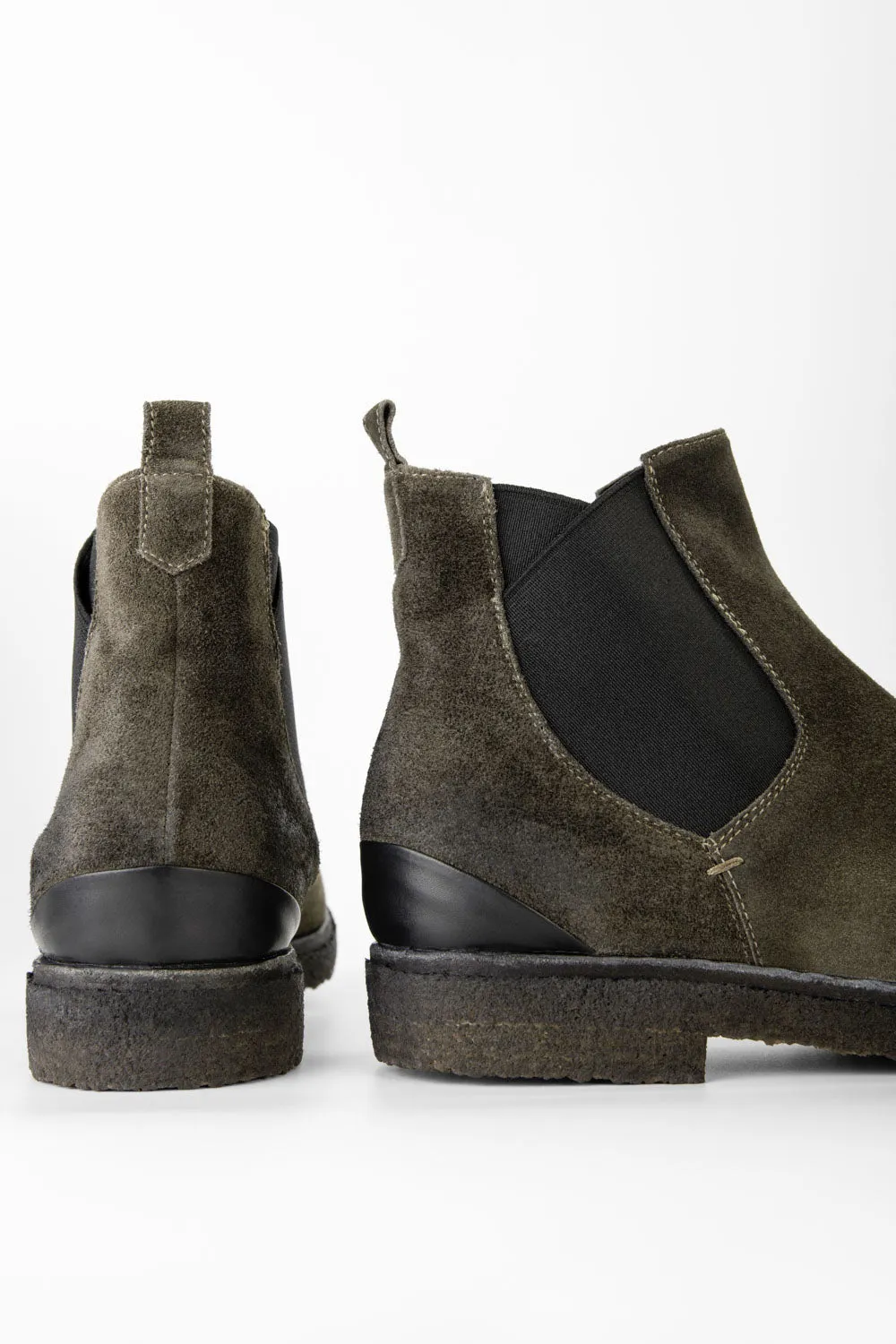 BROMPTON dark-moss suede chelsea boots.