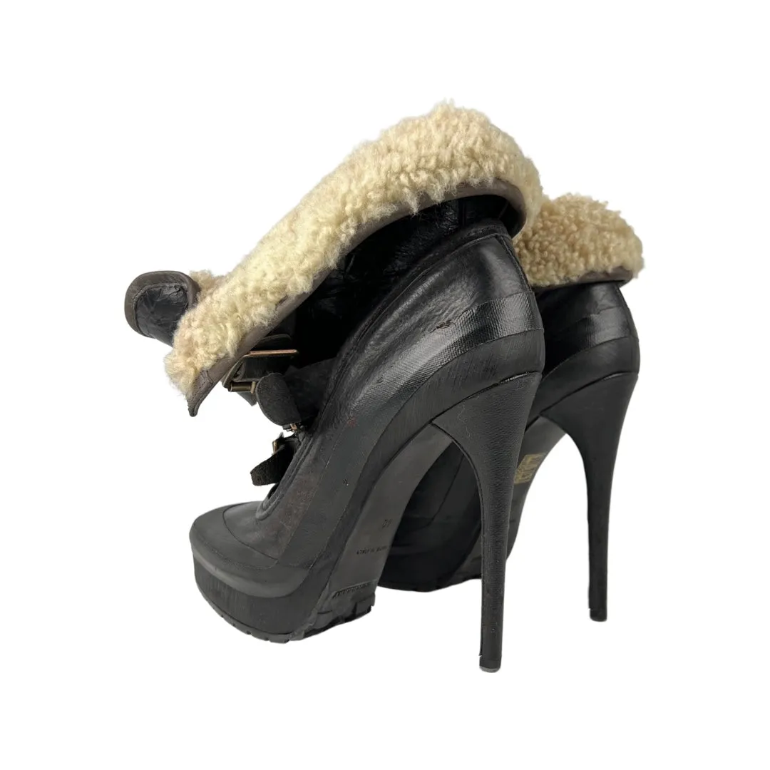 Burberry Prorsum Shearling Lined Black Leather Platform Ankle Boots