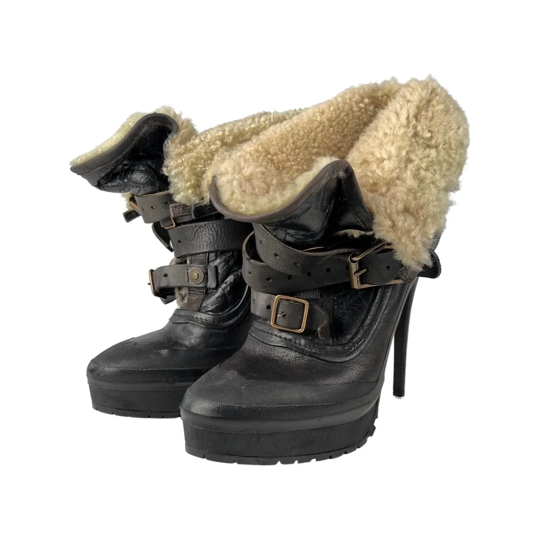 Burberry Prorsum Shearling Lined Black Leather Platform Ankle Boots