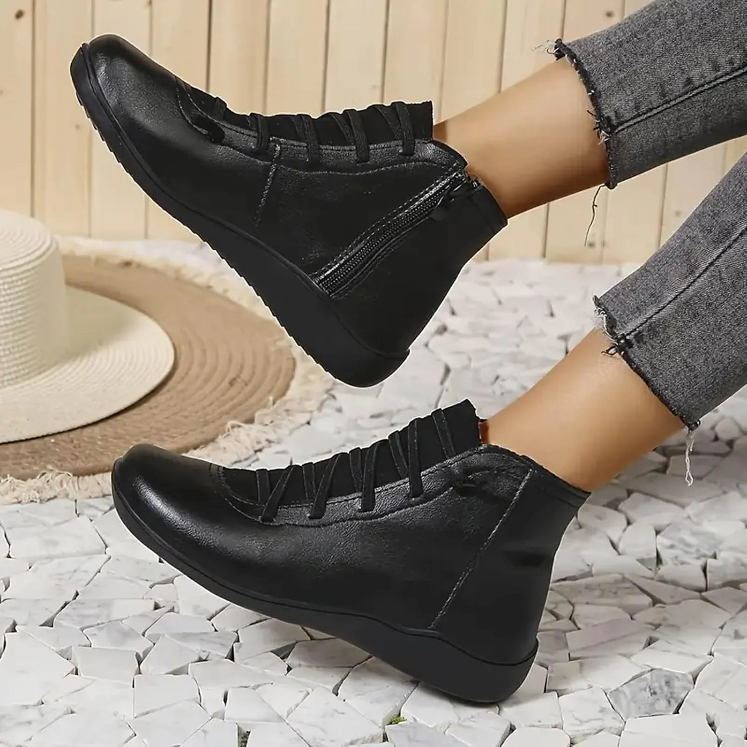 Cathalem Ankle Boots for Women Premium Orthopedic Boots Arch Support Leather Comfortable Side Zip Wedge Booties
