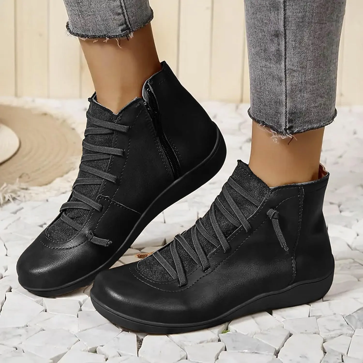 Cathalem Ankle Boots for Women Premium Orthopedic Boots Arch Support Leather Comfortable Side Zip Wedge Booties