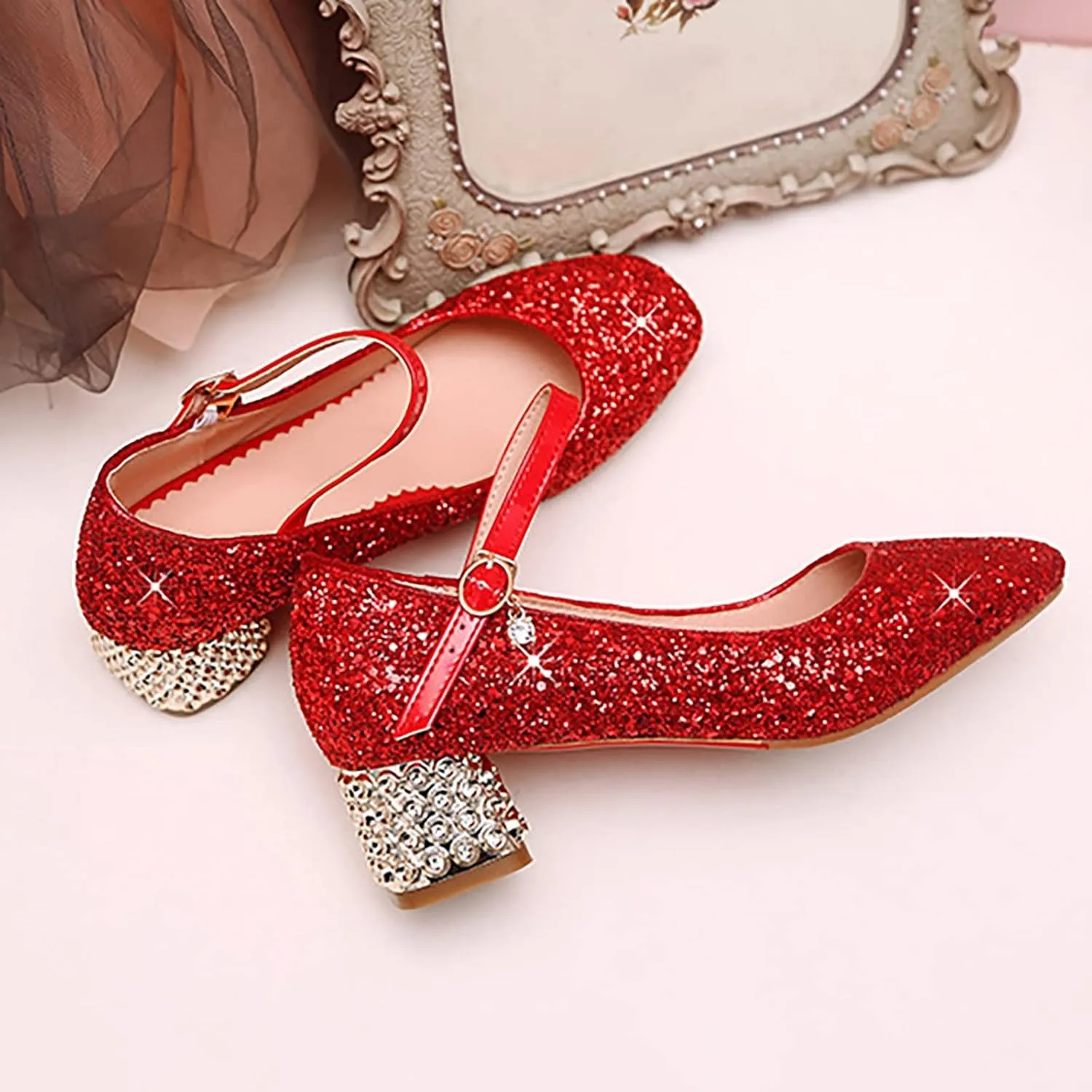 Children Girl Casual Shiny 4.5cm High Heel Shoes Closed Toe Hook and Loop Buckle Party Wedding 6 month baby girl outfit