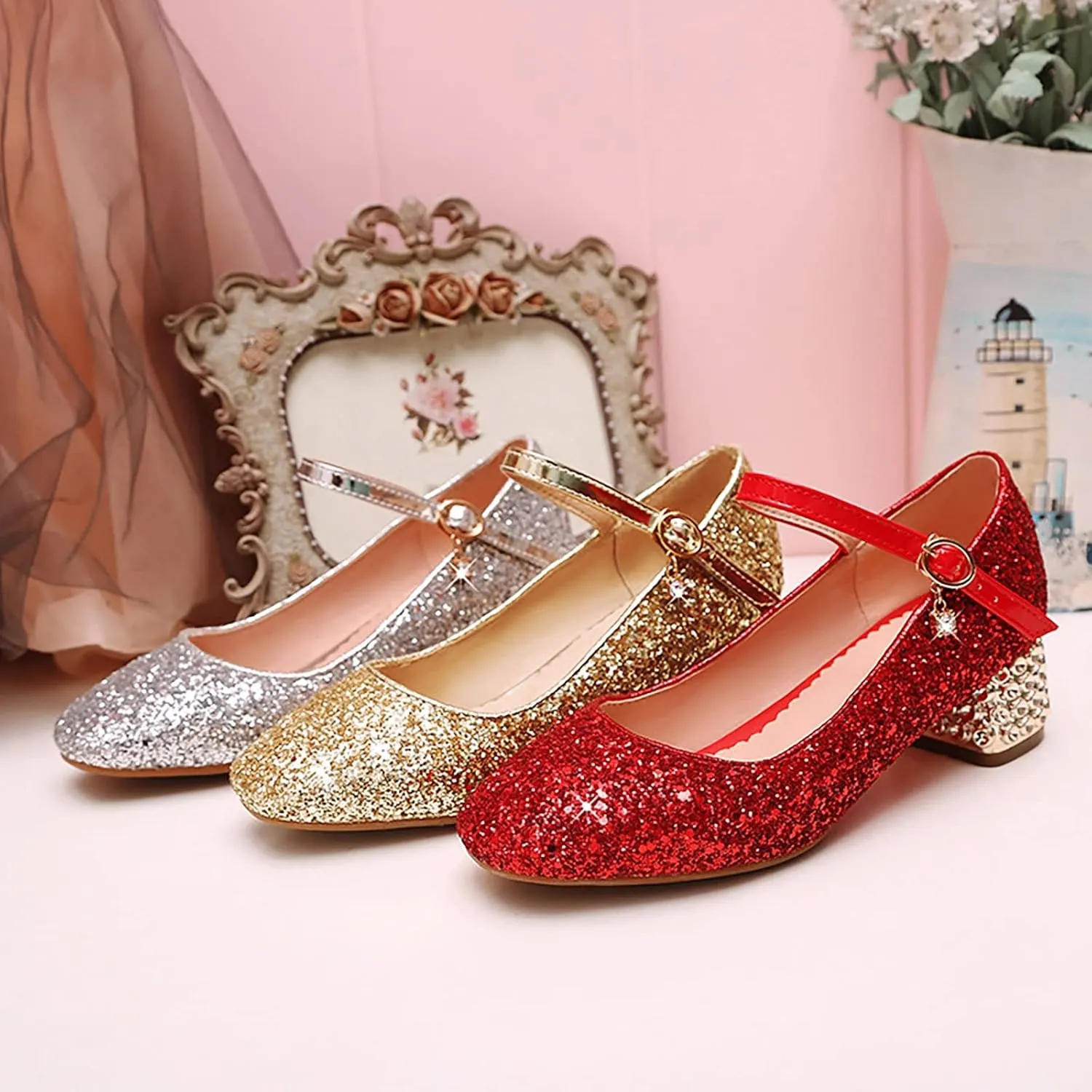 Children Girl Casual Shiny 4.5cm High Heel Shoes Closed Toe Hook and Loop Buckle Party Wedding 6 month baby girl outfit