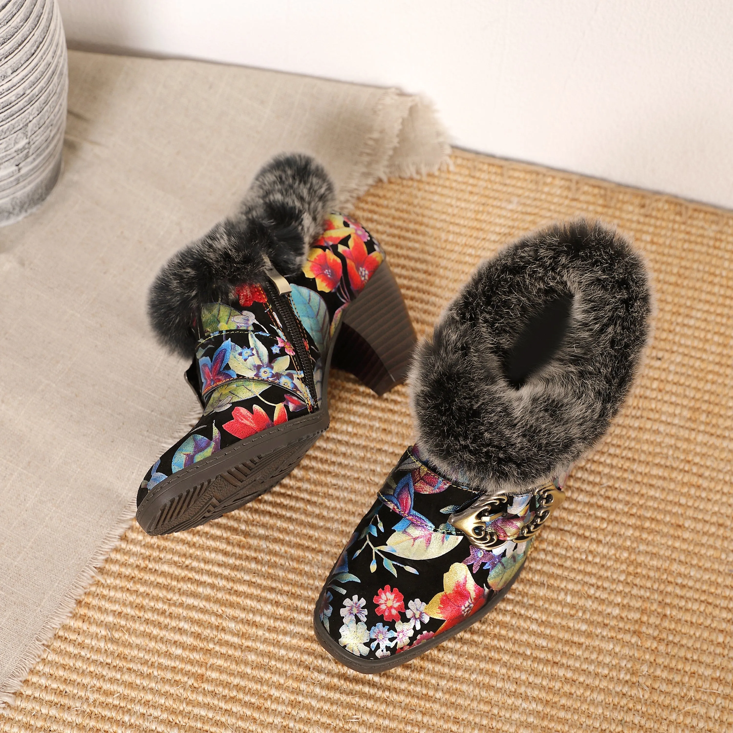 Colorful Comfortable Fur Collar Warm Pumps