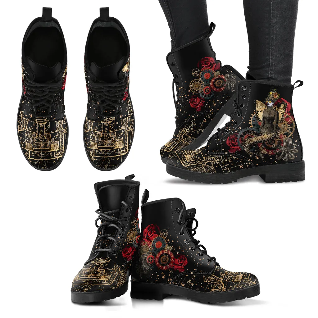 Combat Boots - Steampunk Inspired Design #110 Sci-fi Mermaid | Custom Unisex Adult Shoes, Vegan Leather Handmade Lace Up, Science Fiction