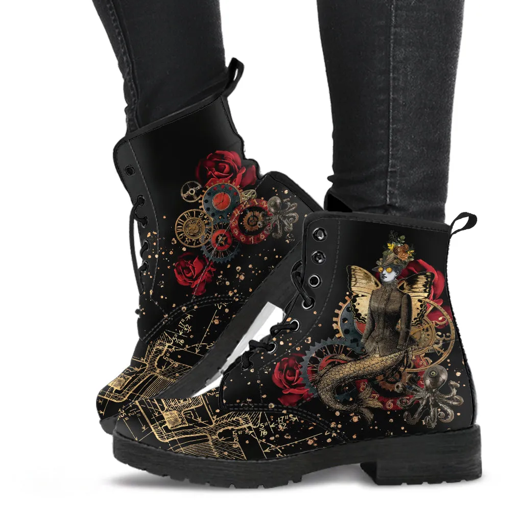 Combat Boots - Steampunk Inspired Design #110 Sci-fi Mermaid | Custom Unisex Adult Shoes, Vegan Leather Handmade Lace Up, Science Fiction