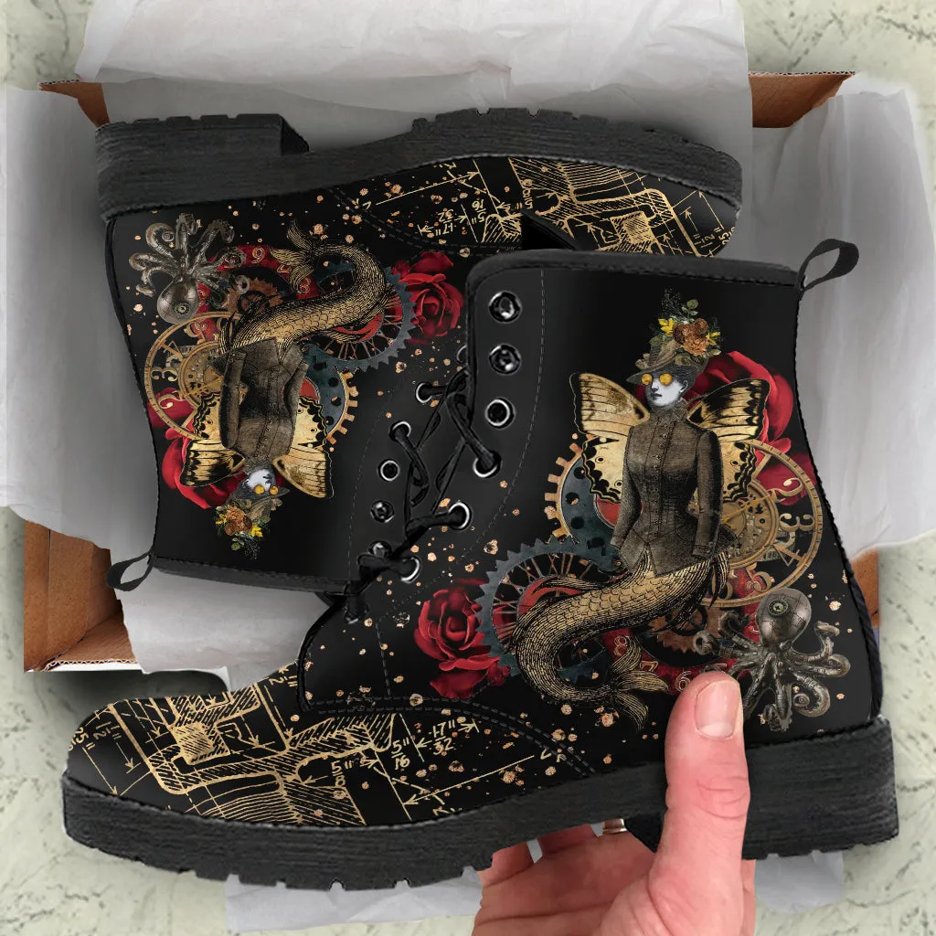 Combat Boots - Steampunk Inspired Design #110 Sci-fi Mermaid | Custom Unisex Adult Shoes, Vegan Leather Handmade Lace Up, Science Fiction