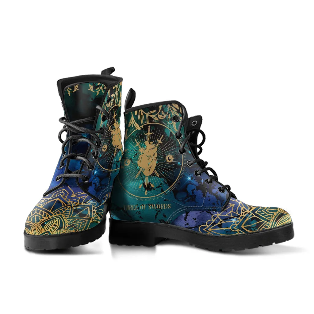 Combat Boots - Three of Swords #102 | Tarot Art, Unisex Adult Shoes, Vegan Leather Handmade Lace Up Boots, Custom Shoes Boho, Aesthetic