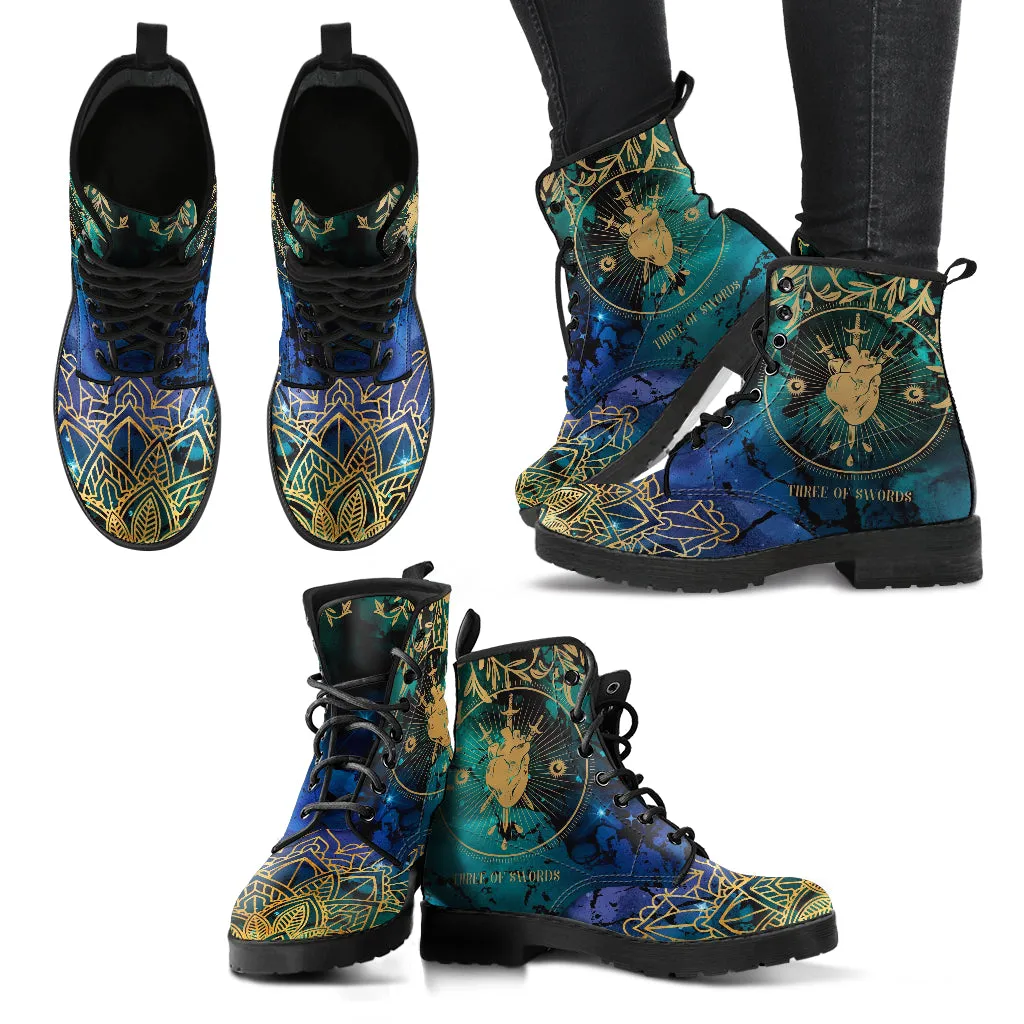 Combat Boots - Three of Swords #102 | Tarot Art, Unisex Adult Shoes, Vegan Leather Handmade Lace Up Boots, Custom Shoes Boho, Aesthetic