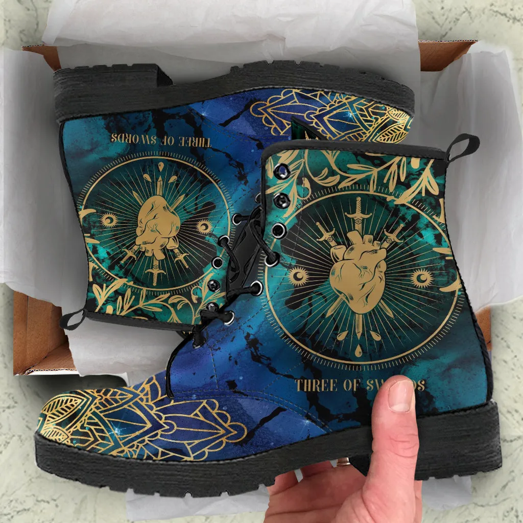 Combat Boots - Three of Swords #102 | Tarot Art, Unisex Adult Shoes, Vegan Leather Handmade Lace Up Boots, Custom Shoes Boho, Aesthetic