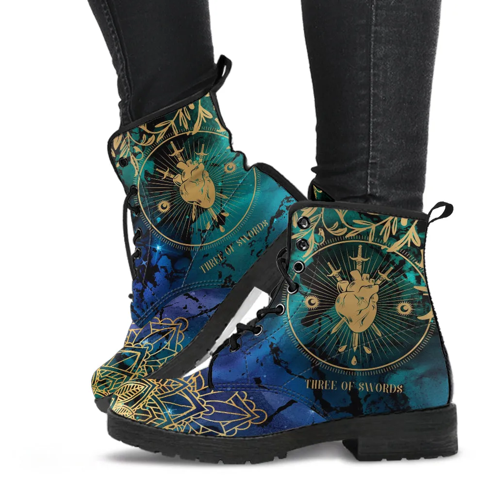 Combat Boots - Three of Swords #102 | Tarot Art, Unisex Adult Shoes, Vegan Leather Handmade Lace Up Boots, Custom Shoes Boho, Aesthetic