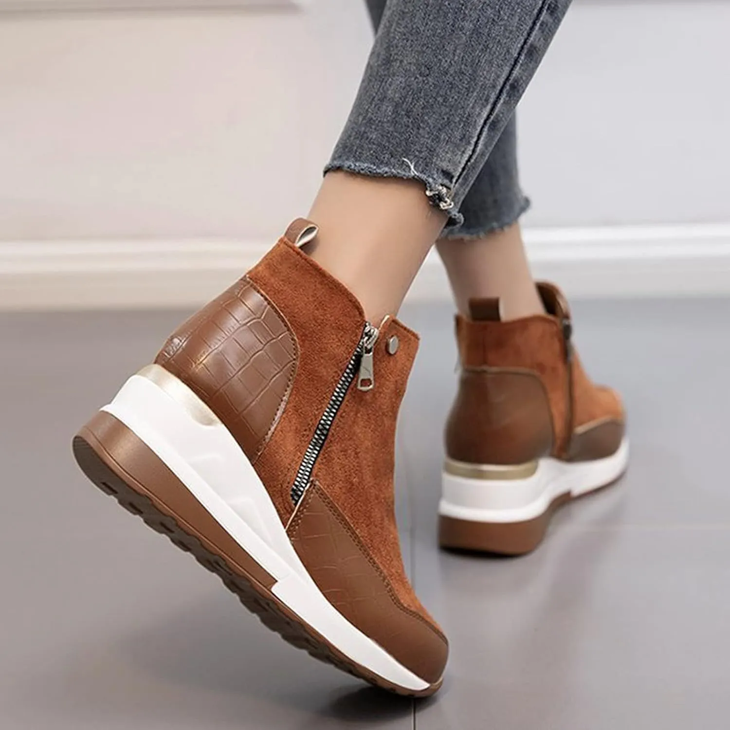 Cowboy Boots for Women High Heel Peep Toe Ankle Booties Leather Boots Wedges Short Booties Single Shoes 52