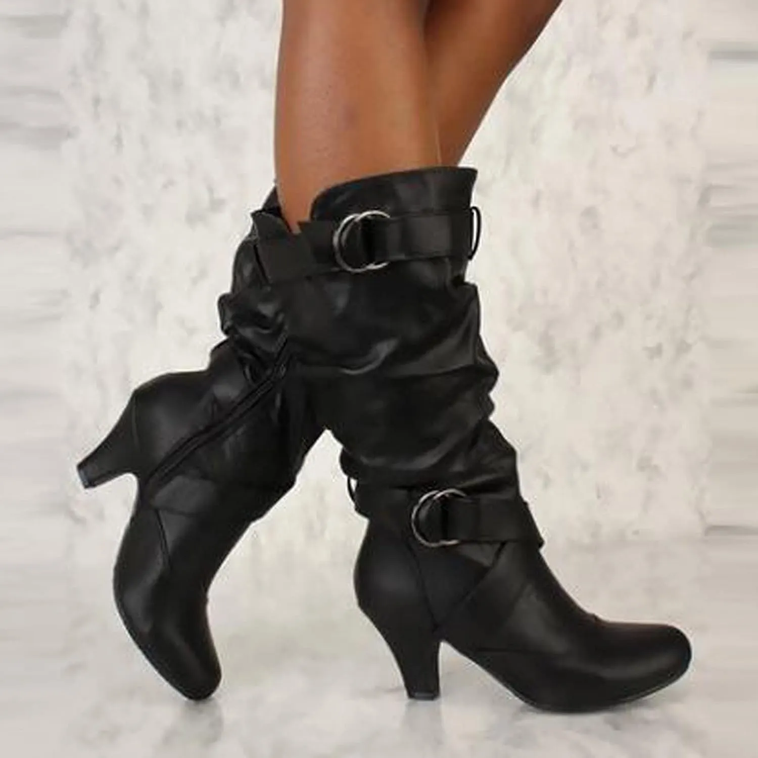 Crzidha Womens Motorcycle Boots,Ruched Leather Knight Boots Side Zipper Buckle Strap High Heel Knee High Boots Comfortable Wide Calf Comfy Arch Support Casual Fashion Party Shoes