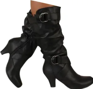 Crzidha Womens Motorcycle Boots,Ruched Leather Knight Boots Side Zipper Buckle Strap High Heel Knee High Boots Comfortable Wide Calf Comfy Arch Support Casual Fashion Party Shoes