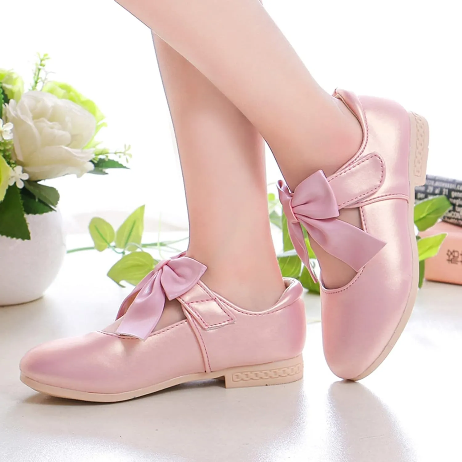Cute Bowknot Girls Mary Jane Low Heel Dress Shoes Princess Elegant Flower Wedding Pary Ballet Pump Baptism Shoes