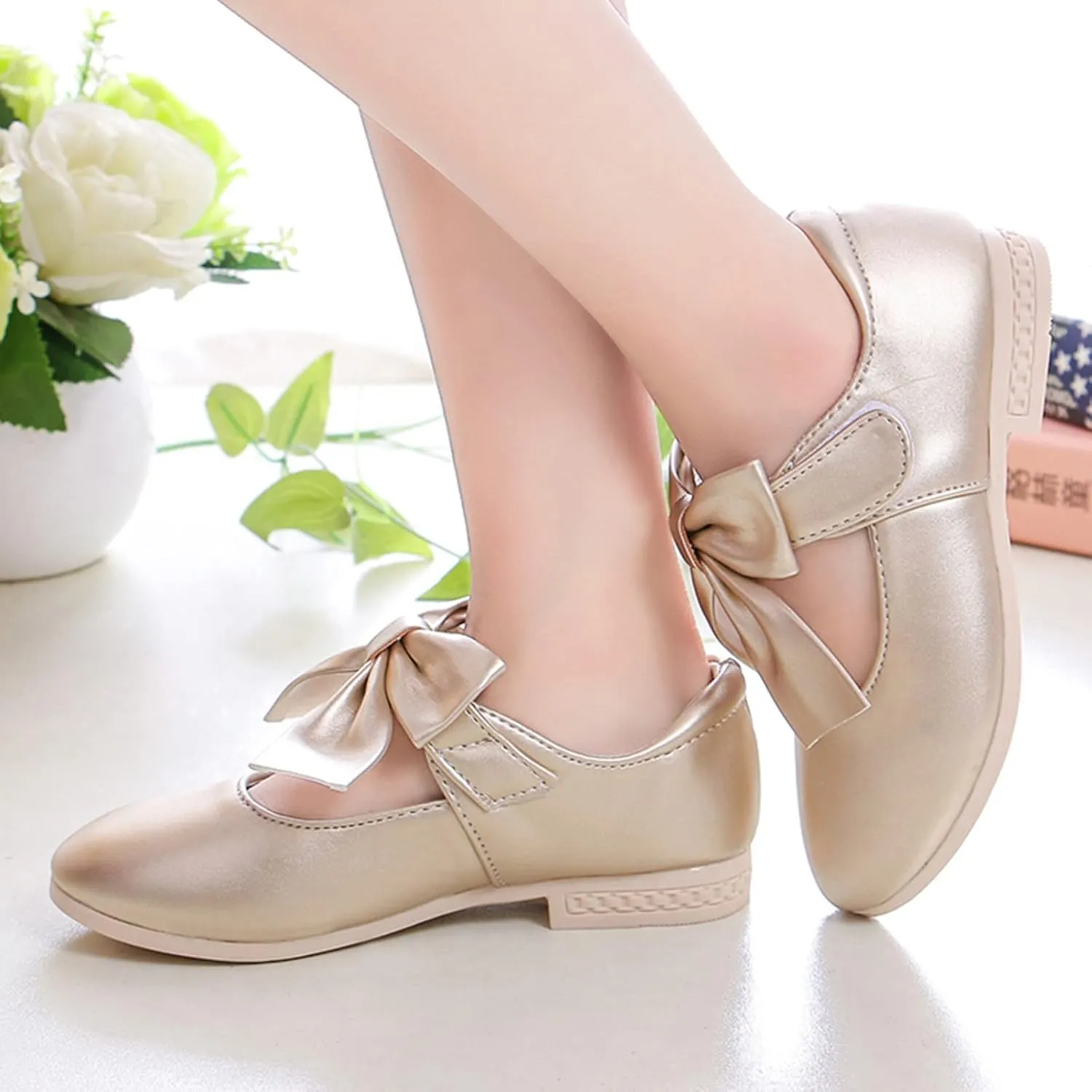 Cute Bowknot Girls Mary Jane Low Heel Dress Shoes Princess Elegant Flower Wedding Pary Ballet Pump Baptism Shoes