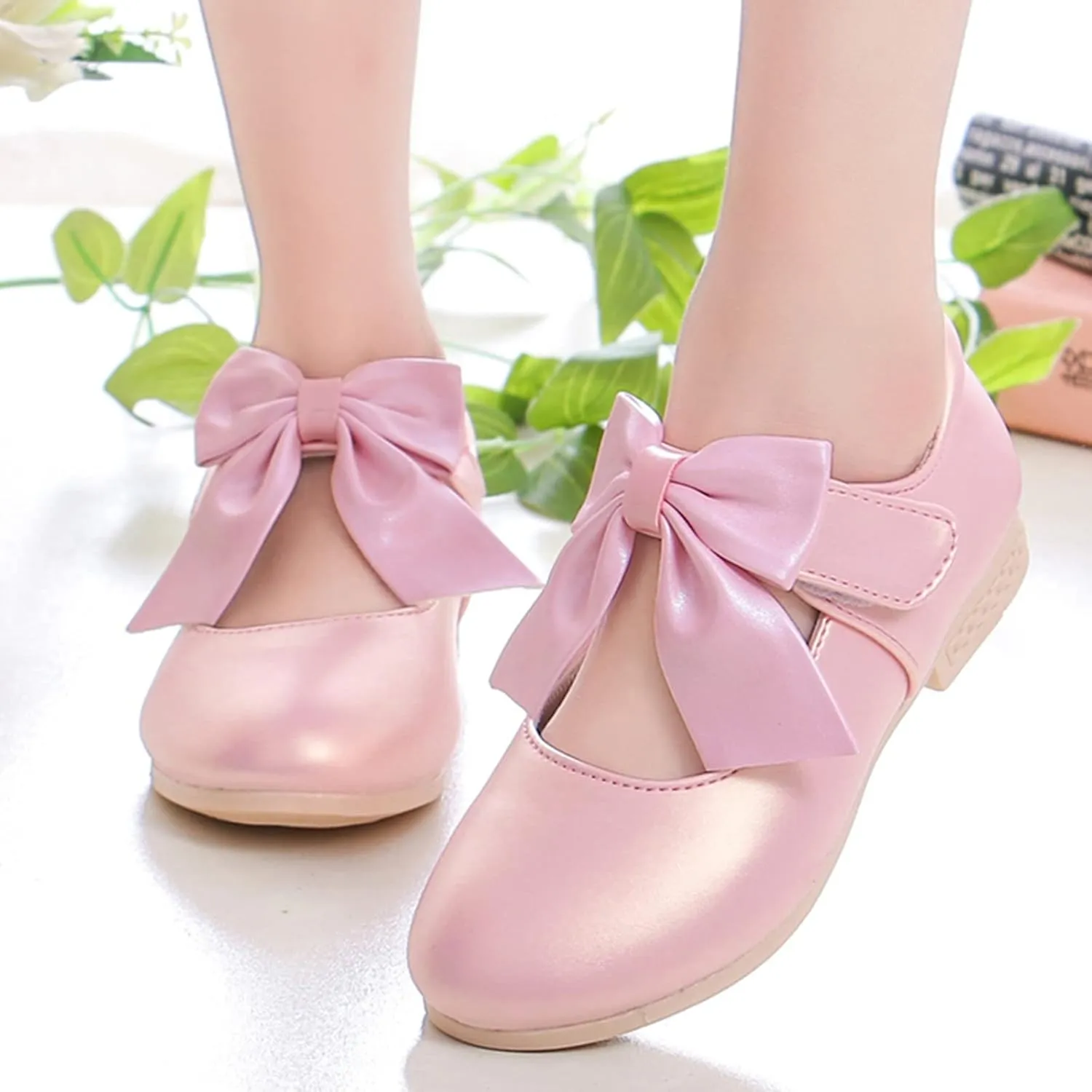 Cute Bowknot Girls Mary Jane Low Heel Dress Shoes Princess Elegant Flower Wedding Pary Ballet Pump Baptism Shoes