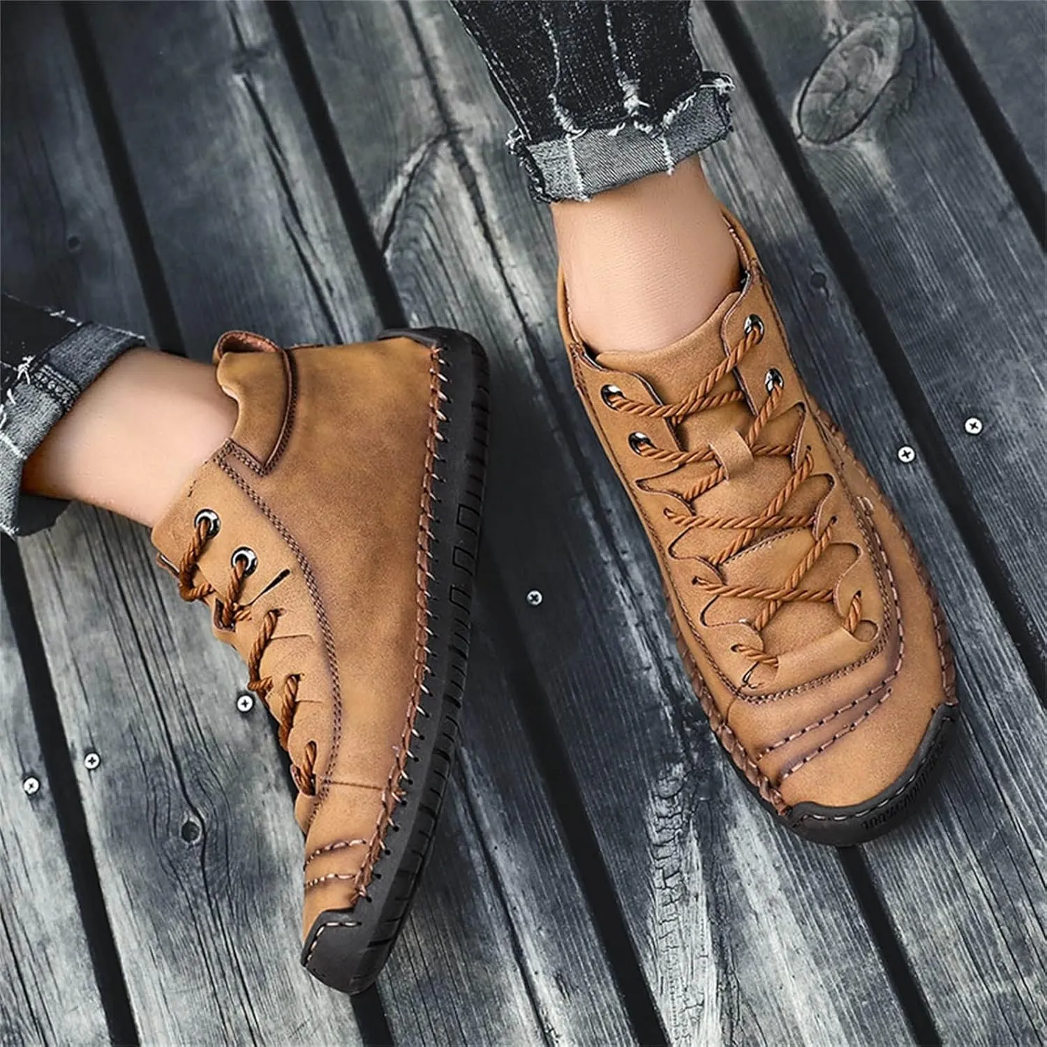 Dress Shoe Laces Men Leather Fashion Summer and Autumn Men Leather Shoes Flat Soft Bottom Comfortable Mid Top Lace Up Casual Men's Handmade Leather Custom Shoes (Brown, 9)