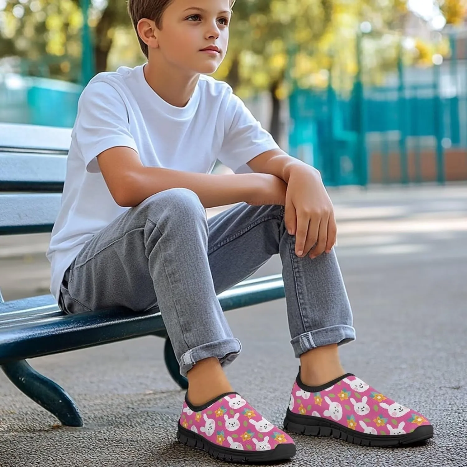 Easter Print Running Shoes Polyester Fabric Sneakers for Boys and Girls Breathable Casual Shoes Laceless Lightweight Shoes