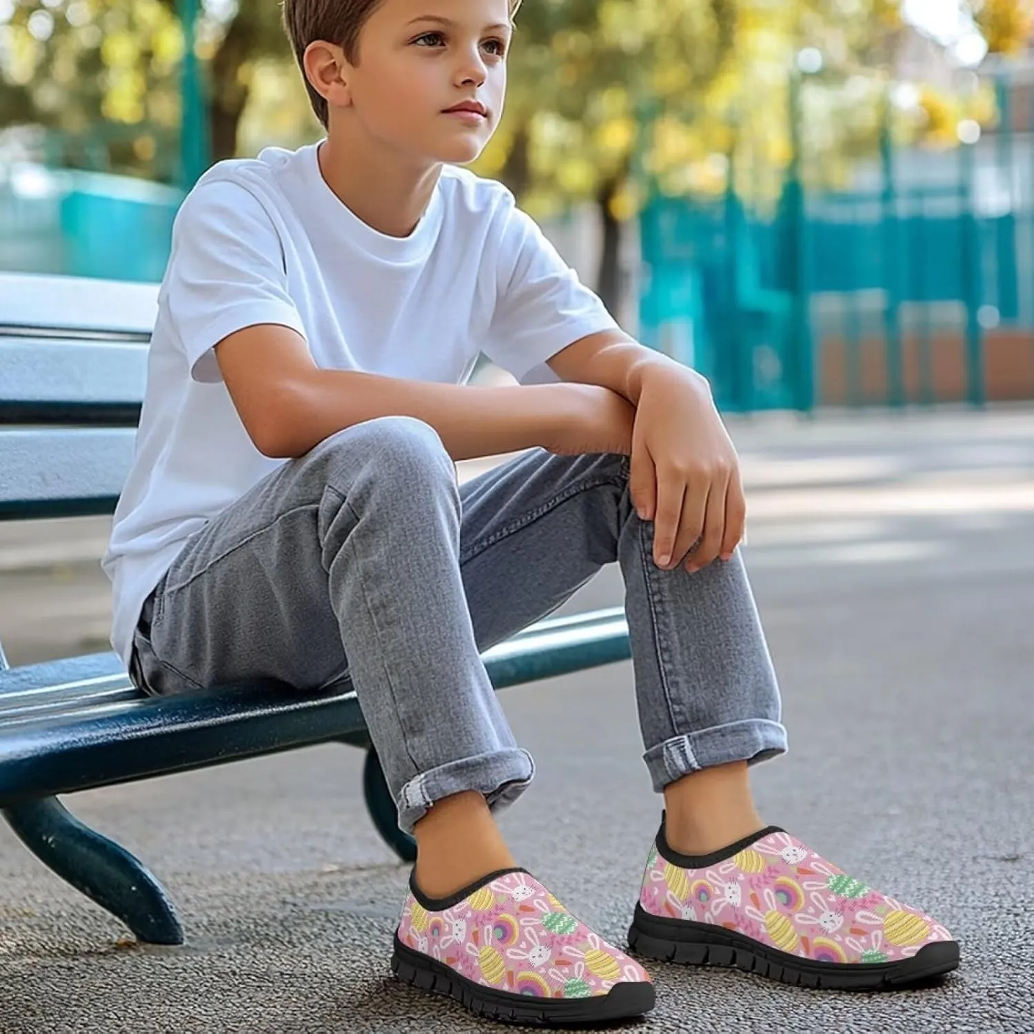 Easter Print Running Shoes Polyester Fabric Sneakers for Boys and Girls Breathable Casual Shoes Laceless Lightweight Shoes