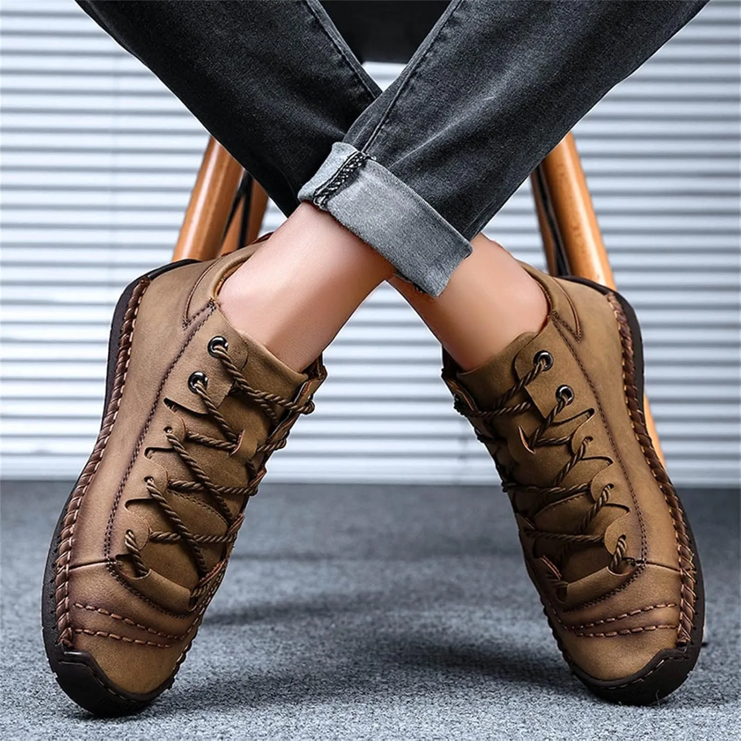 Fashion Leather Shoes for Men Fashion Summer and Autumn Men Leather Shoes Flat Soft Bottom Comfortable Mid Top Lace Up Casual Men Leather Shoes 10 Wide