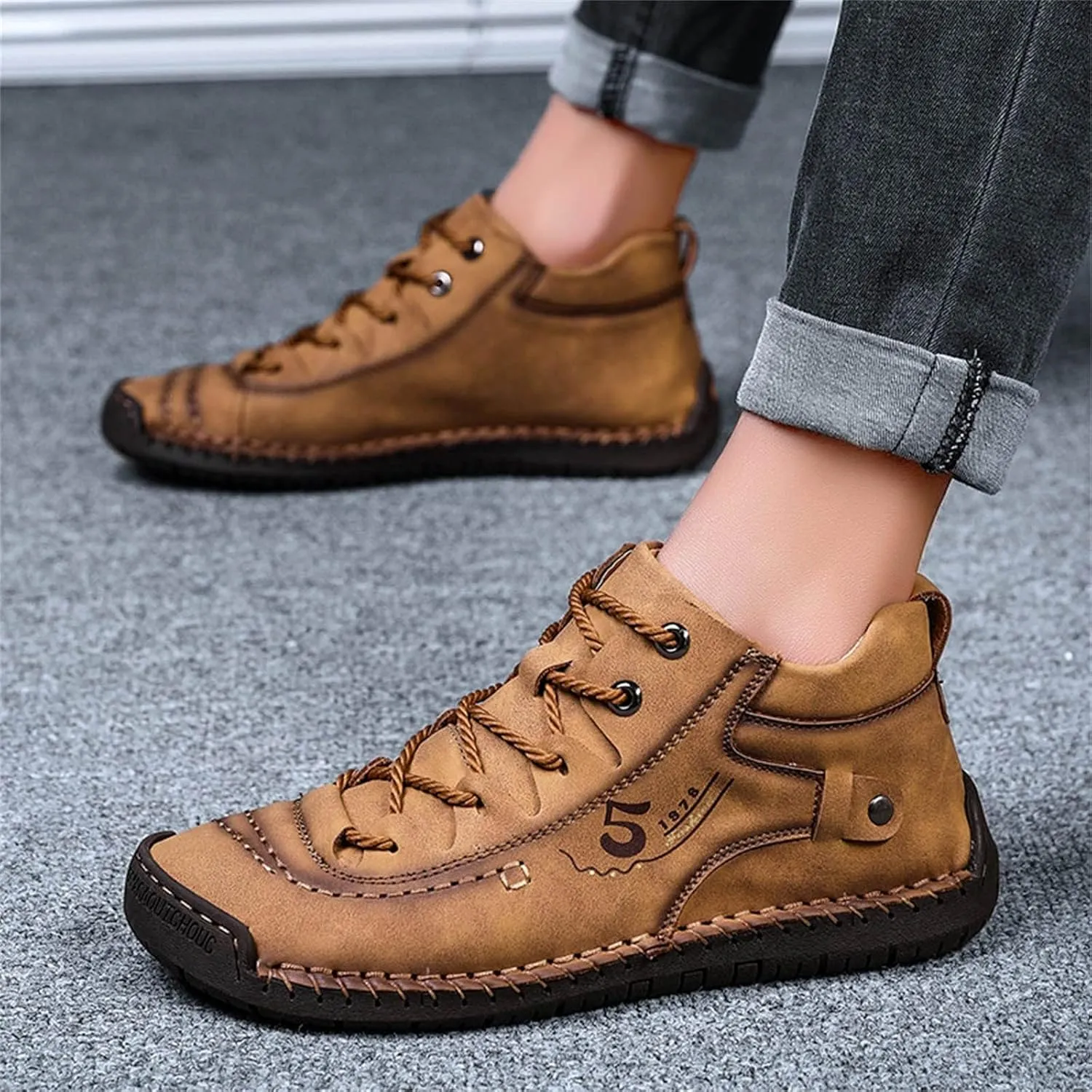 Fashion Leather Shoes for Men Fashion Summer and Autumn Men Leather Shoes Flat Soft Bottom Comfortable Mid Top Lace Up Casual Men Leather Shoes 10 Wide