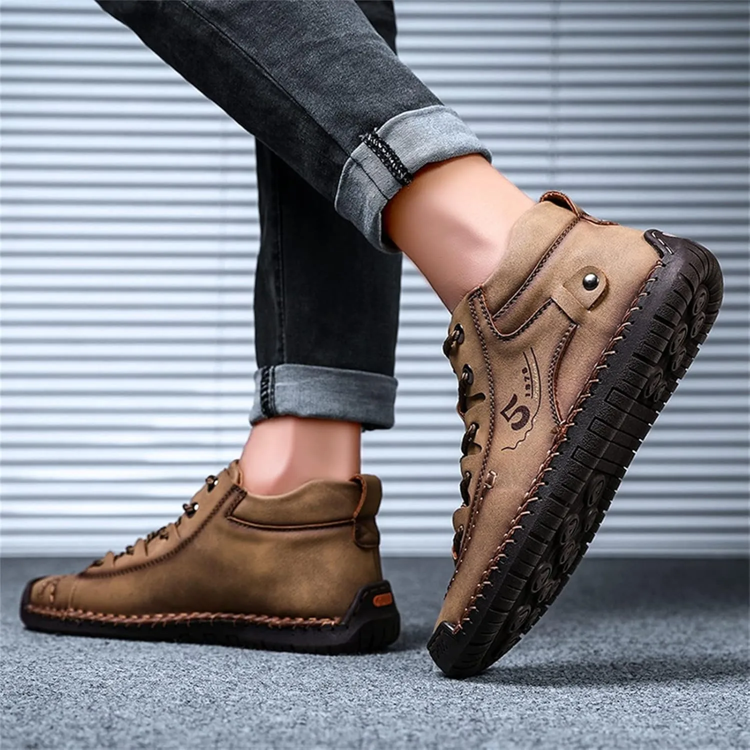 Fashion Leather Shoes for Men Fashion Summer and Autumn Men Leather Shoes Flat Soft Bottom Comfortable Mid Top Lace Up Casual Men Leather Shoes 10 Wide